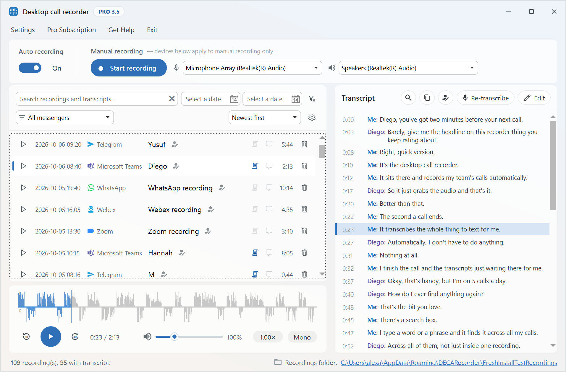 Desktop Call Recorder main window with the recordings list on the left and the transcript of a Microsoft Teams call on the right