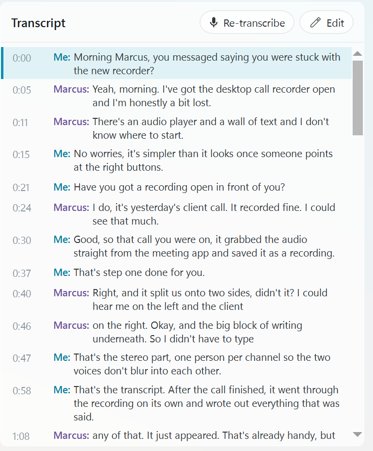 Real transcript panel: timestamped lines per speaker, click to play from any line