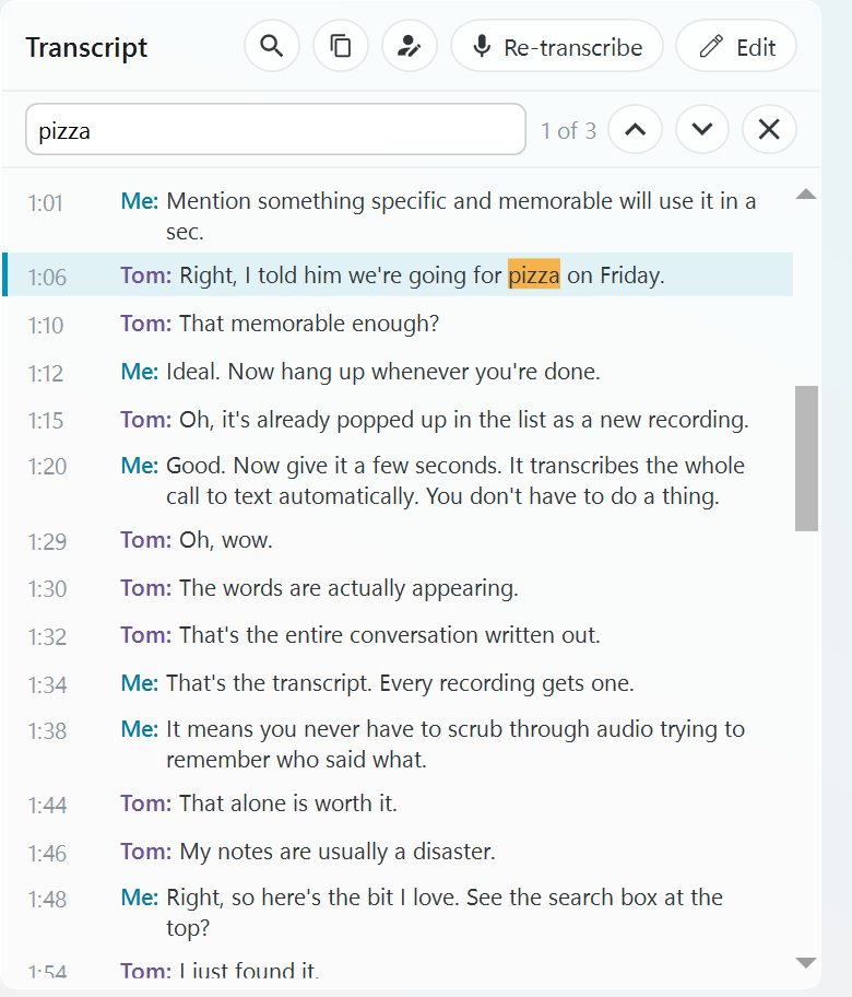 Find bar in the transcript panel with pizza typed, 1 of 3 matches, up and down buttons and every match highlighted