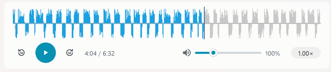 Built-in player with stereo waveform, 30-second skip buttons, play button, volume and playback speed controls