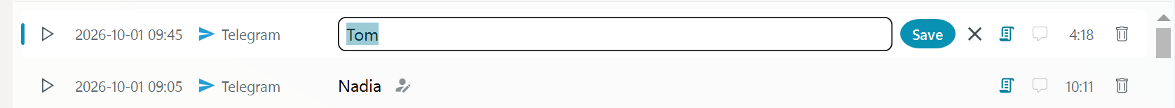 Renaming a contact in the recordings list: the name in an edit box with Save and cancel buttons