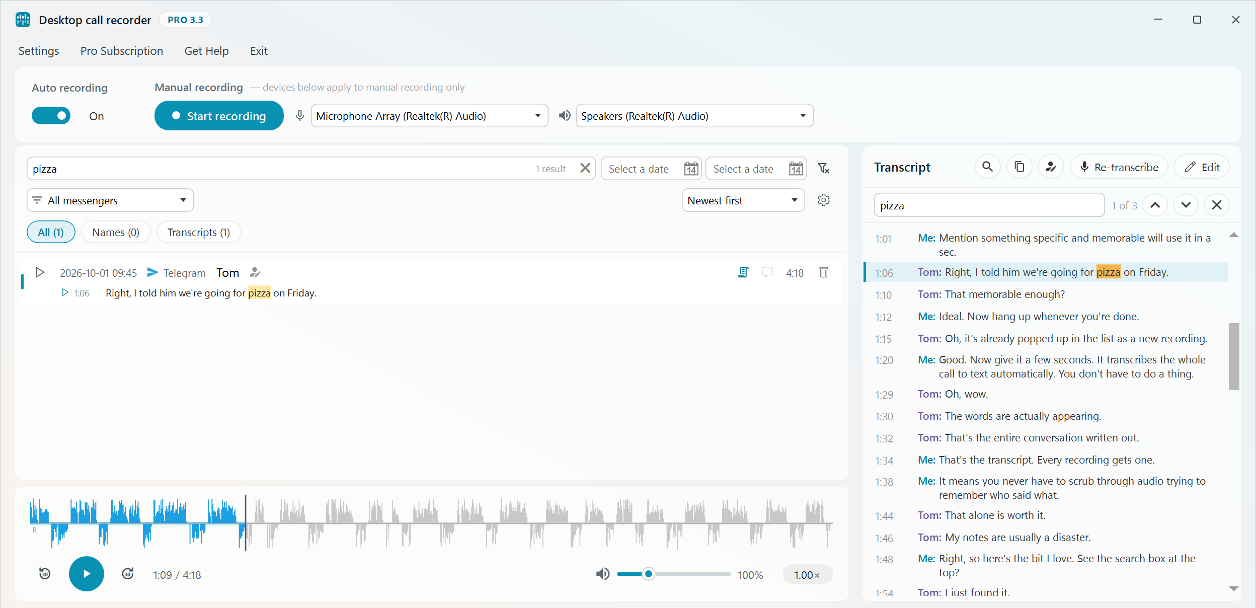 Desktop Call Recorder after a search for pizza: one recording found by its transcript, the matching line shown under it, and the transcript open at that line with the find bar showing 1 of 3