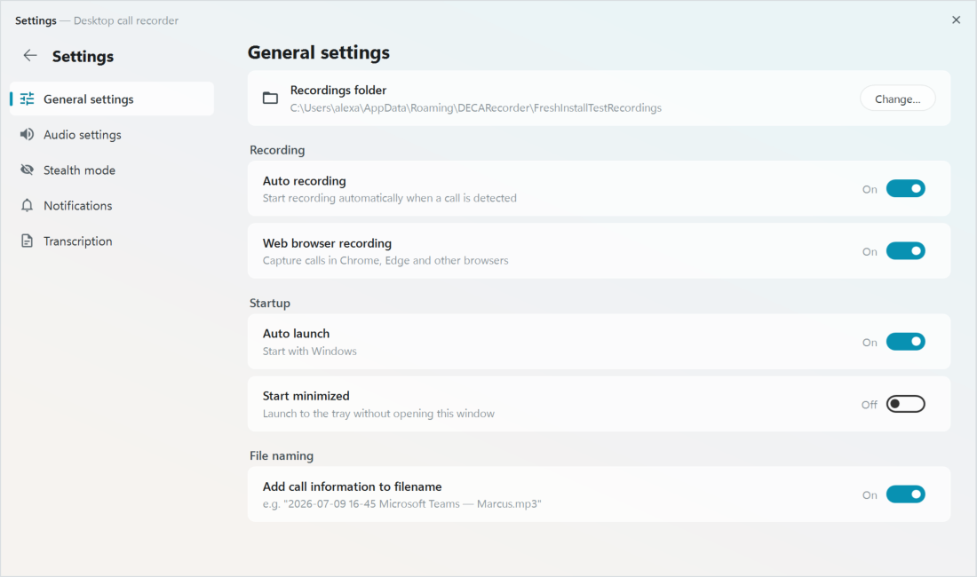 Desktop Call Recorder - General settings: recordings folder, auto recording, web browser recording, auto launch, start minimized, add call information to filename