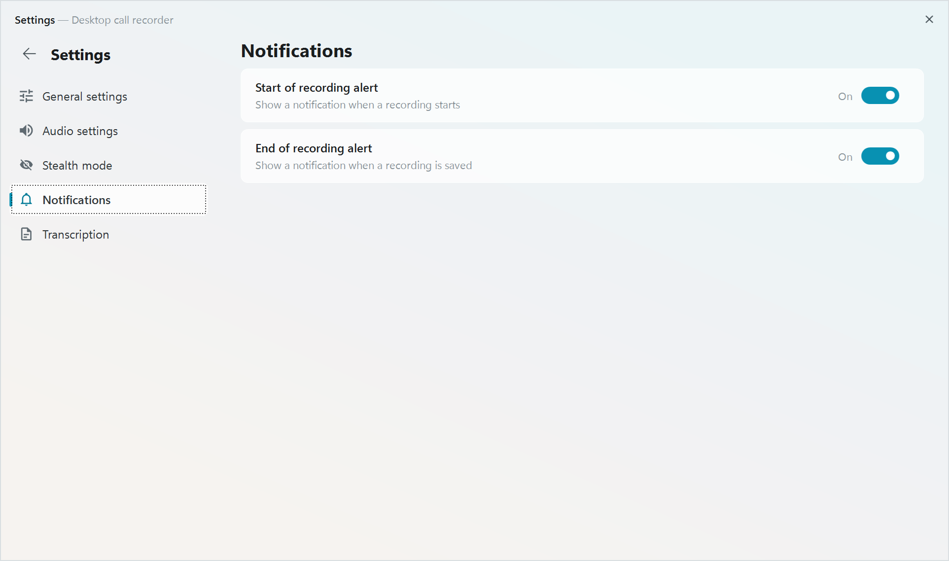 Desktop Call Recorder - Notifications settings: start of recording alert and end of recording alert