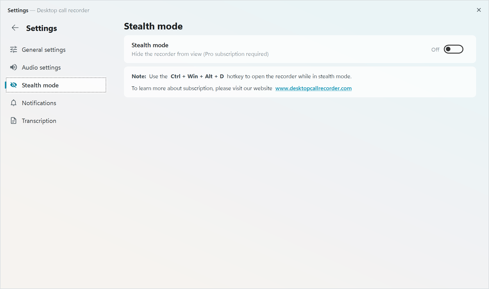 Desktop Call Recorder - Stealth mode settings with the Ctrl + Win + Alt + D hotkey note