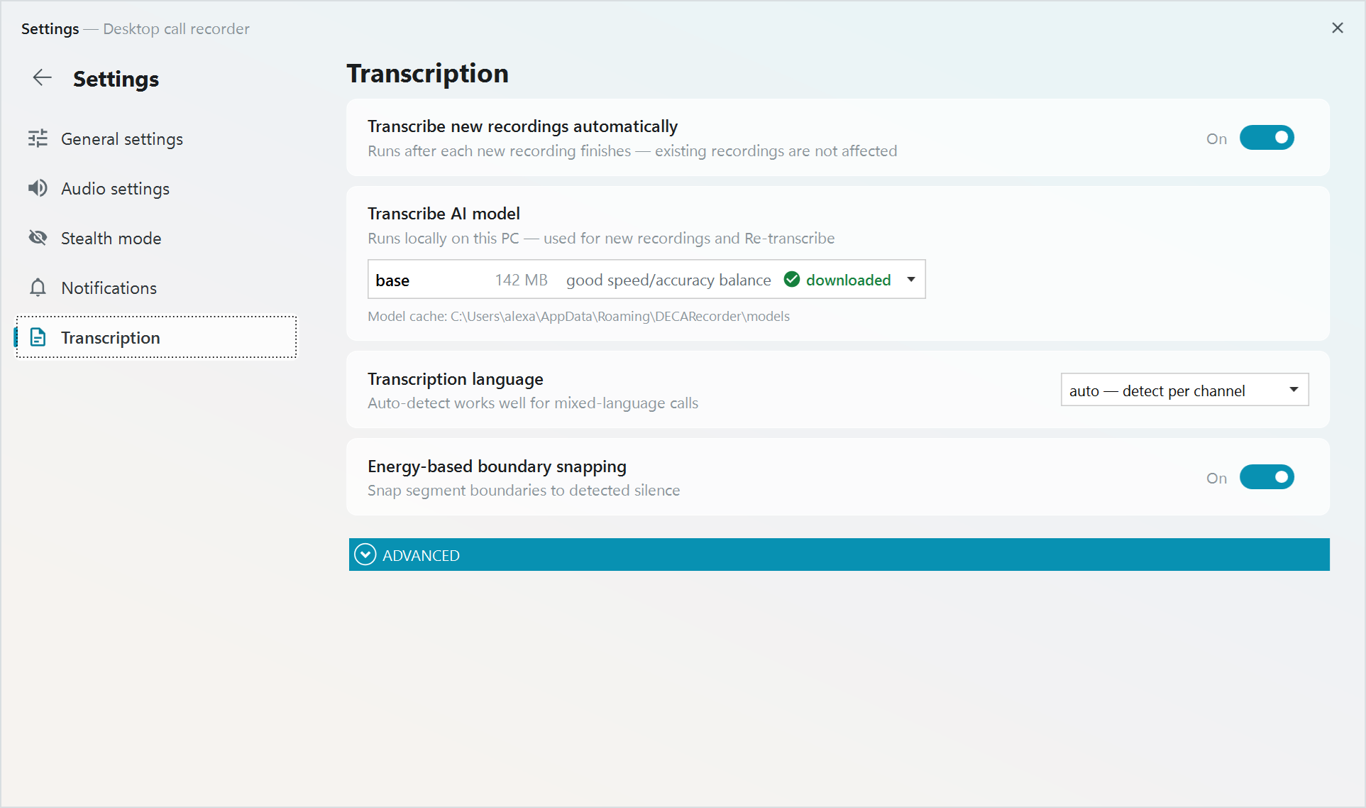 Transcription settings: automatic transcription, AI model, language, boundary snapping and CPU threads