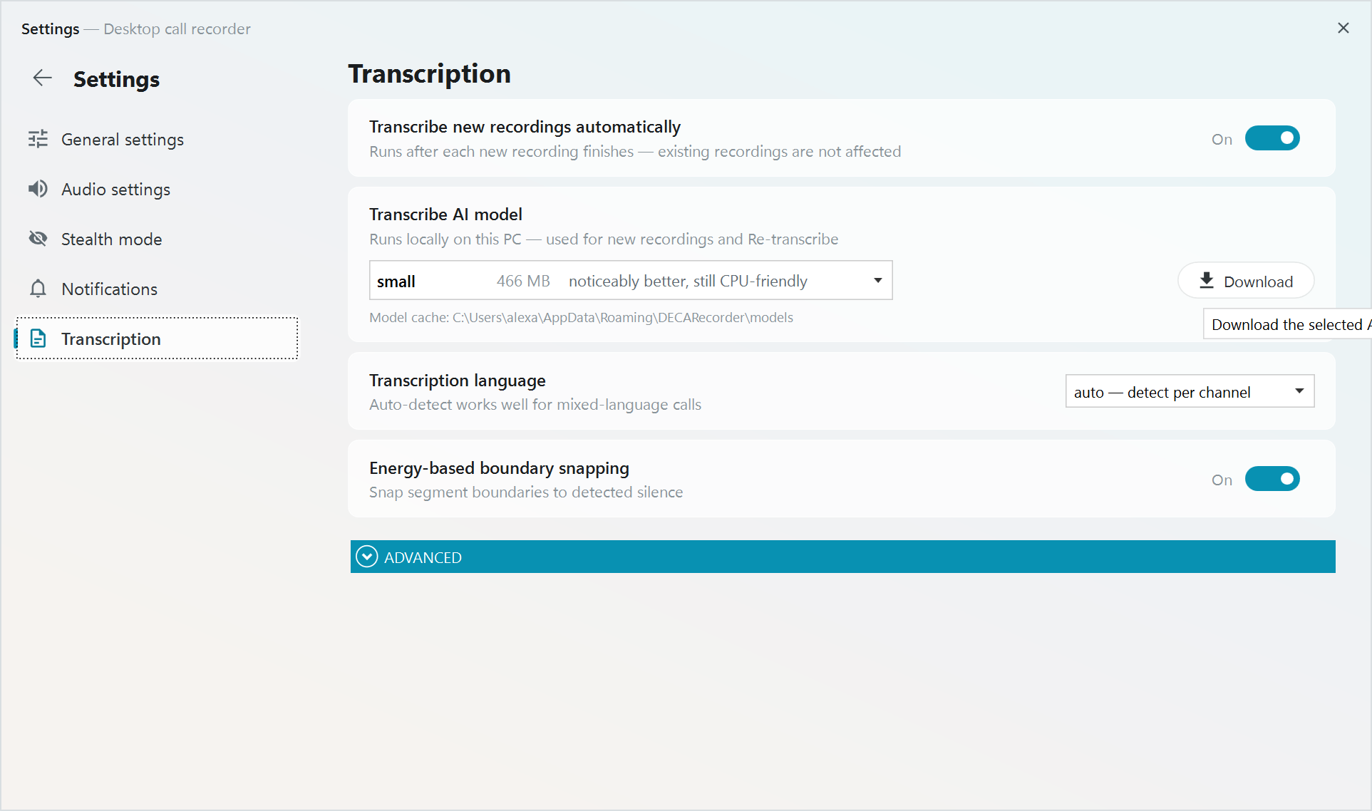 Transcription settings with the small AI model selected and its Download button