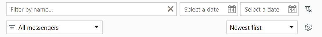 Sort and filter bar above the recordings list: name filter, date range pickers, messenger filter and sort order