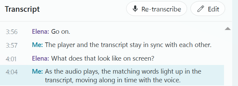 Transcript panel header with the Re-transcribe and Edit buttons above the timestamped, speaker-labelled transcript