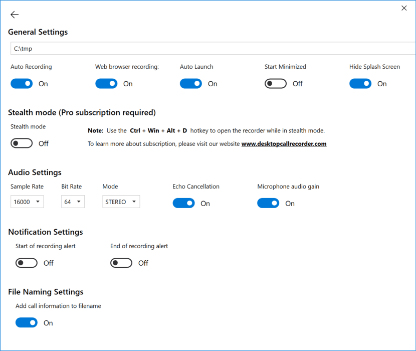 Desktop Call Recorder settings window